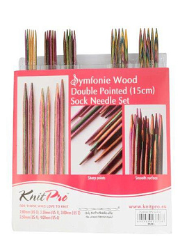 20651 Knit Pro Набор чулочных спиц для вязания длиной 15см Symfonie дерево, многоцветный, 5 видов спиц в наборе (2мм; 2,5мм; 3мм; 3,5мм; 4