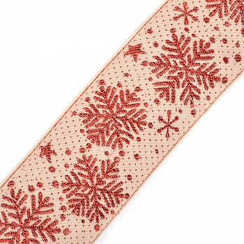 Лента отделочная жаккардовая арт.1858 Снежинка шир.60мм уп.12,5м цв.белый-красный