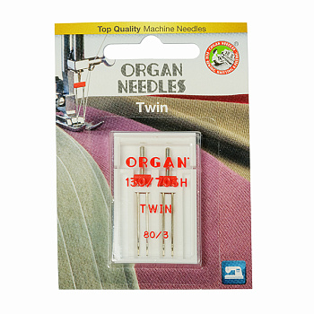 Иглы для бытовых швейных машин ORGAN двойные №80/3, уп.2 иглы