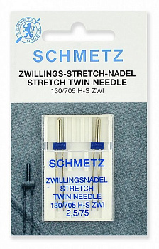 Иглы для бытовых швейных машин Schmetz стрейч двойные 130/705H-S ZWI № 75/2.5, уп.2 иглы