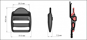 Пряжка регулятор трехщелевая 25мм LE25 цв.черный нагрузка 65 кг уп.100 шт