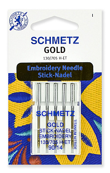 Иглы для бытовых швейных машин Schmetz для вышивки Gold, титаниум 130/705H-ET №90, уп.5 игл