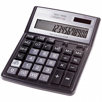 Калькулятор настольный Citizen SDC-395N, 16 разр., двойное питание, 143х192х36мм, черный