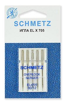 Иглы для бытовых швейных машин Schmetz для плоскошовных машин, хромированные CF ELx705 №80, уп.5 игл