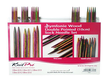 20650 Knit Pro Набор чулочных спиц для вязания Symfonie 10см 2мм, 2,5мм, 3мм, 3,5мм, 4мм, дерево, многоцветный, 5 видов спиц