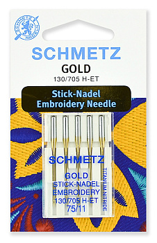 Иглы для бытовых швейных машин Schmetz для вышивки Gold, титаниум 130/705H-ET №75, уп.5 игл