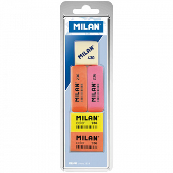 Набор ластиков Milan 236, Color 936 и 430, 5шт., скошенный/прямоугольный, блистер