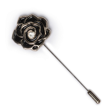 Булавка шляпная металл Роза со стразой арт.TBY.91736 цв. никель/черный уп. 5шт