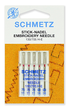 Иглы для бытовых швейных машин Schmetz для вышивки 130/705H-E №75(3)/90(2), уп.5 игл