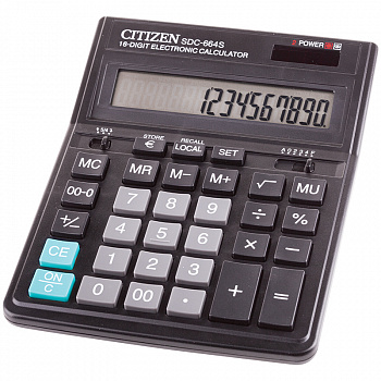 Калькулятор настольный Citizen SDC-664S, 16 разр., двойное питание, 153х199х31мм, черный