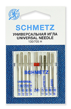 Иглы для бытовых швейных машин Schmetz комбинированные 130/705H №№ 70,80(2),90;75,90(S);90,100(J);80/2.0, уп. 9 игл