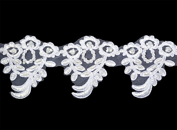 Кружево свадебное (на органзе) с пайетками и бусинами арт.RUS.HX026/2 шир.75мм цв.белый уп.2м