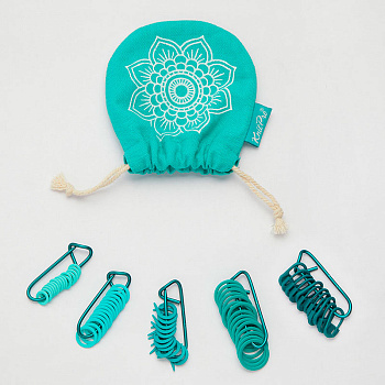 36633 Knit Pro Набор маркеров для вязания Mindful: булавка - 20 шт, круг - 20 шт, кольцо - 60 шт разных размеров, пластик, бирюзовый, 100 шт в мешочке